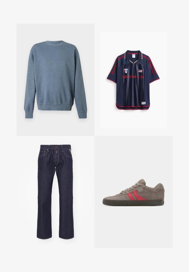 Ensfarvet blå crewneck sweatshirt med lange ærmer, ribkantede manchetter og kant, vist mod en hvid baggrund.; Marineblå fodboldtrøje fra USA's VM 1994 med røde striber, USA's våbenskjold, amerikanske flag og FIFA-logo på fronten.; Mørkeblå denim jeans med lige ben-design. Funktioner inkluderer en knaplukning, fem lommer og kontrastsyning.; Grå suedestøvle med røde striber og en grå detalje nær kraven. Gummisåle med struktureret grebsmønster og klassisk snøredesign.