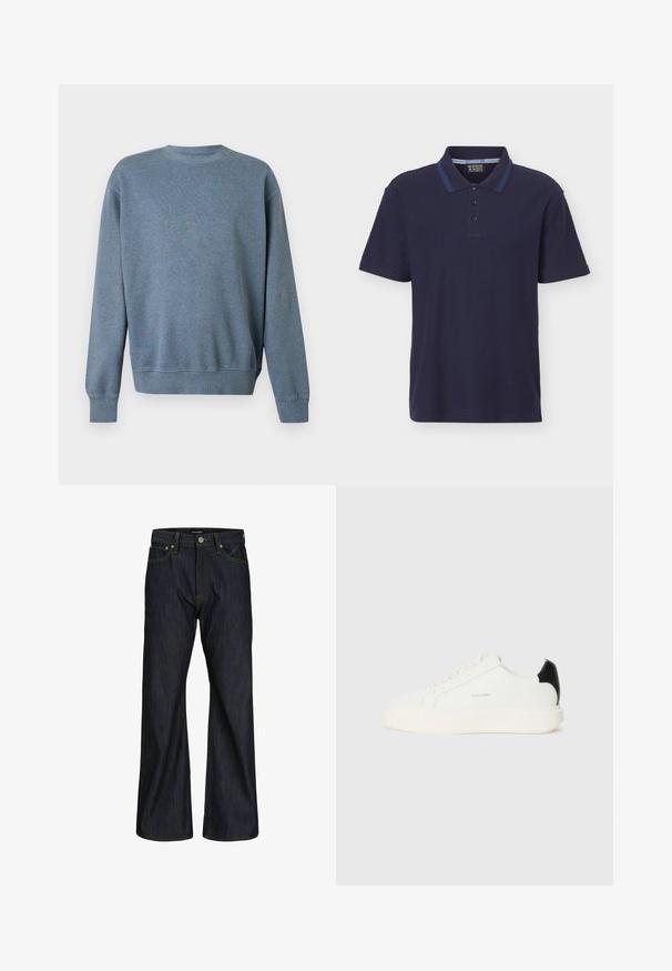 Effen blauwe crewneck sweater met lange mouwen, geribde manchetten en zoom, getoond tegen een witte achtergrond.; Donkerblauw poloshirt met korte mouwen, een knoopsluiting met drie knopen en een contrasterende blauwe streep op de kraag.; Donkerblauwe jeans met rechte pijpen, vijf zakken, knoopsluiting en zichtbare oranje stiksels op de tailleband en naden.; Witte leren sneaker met een zwarte accent op de hak, met een ronde neus, platte veters en een dikke witte zool. Calvin Klein-logo weergegeven.