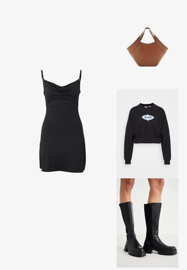 Sweatshirt noir court en coton, avec un logo graphique en bleu et bordeaux. Manches longues avec des poignets côtelés et un col ras du cou.; Mini robe noire sans manches avec fines bretelles et encolure légèrement froncée, présentée à plat sur un fond blanc.; Cuissardes noires en simili cuir lisse avec une semelle épaisse, fermeture éclair sur le côté et bout arrondi.; Sac à main en cuir marron avec une large bandoulière réglable et une forme géométrique trapézoïdale sur fond blanc.