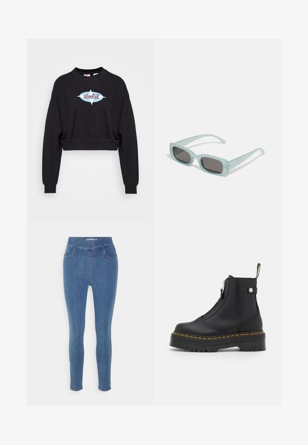 Sort cropped sweatshirt lavet af bomuld, med et grafisk logo i blå og burgundy. Lange ærmer med ribbede manchetter og rund halsudskæring.; Blå denim jeggings med en glat tekstur, høj talje, fem-lomme design og tapered ben. Standard længde med en simpel kant.; Sort ankelstøvle lavet af glat læder, med en lynlås i siden, gul syning og en tyk, rillet gummisål.; Et par rektangulære solbriller med lyseblå gennemsigtige stel og mørkegrå linser, der har lige templer og minimale hardware detaljer.