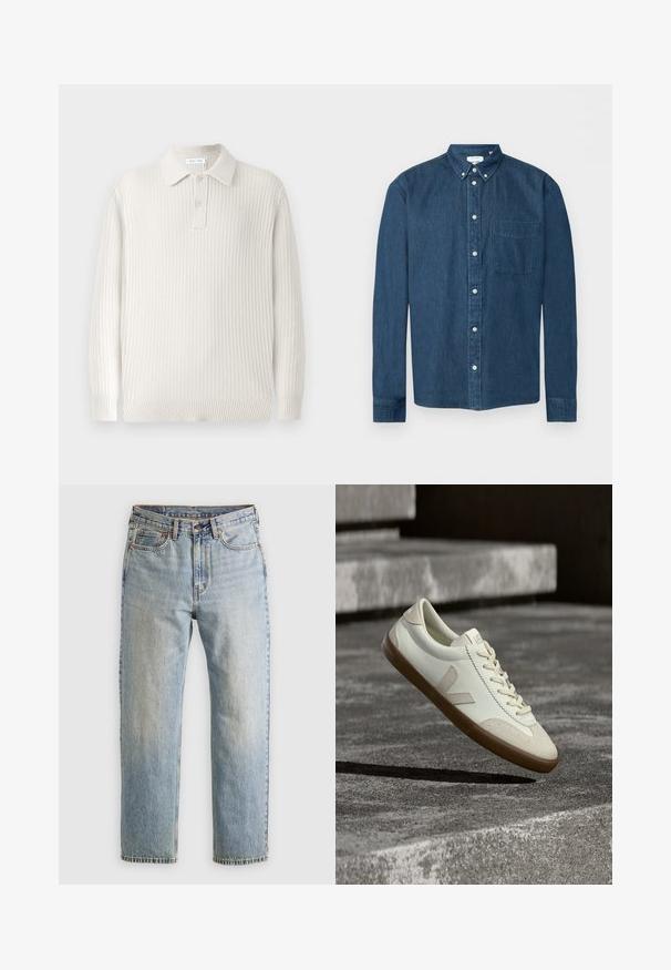 Pull polo en tricot beige clair avec texture côtelée, un col et deux boutons. Présente des manches longues et un ourlet ajusté.; Chemise en denim bleu foncé boutonnée, manches longues, une poche avant à gauche et un col boutonné, présentée sur fond blanc.; Jean en denim bleu clair à taille haute, avec bouton avant, fermeture éclair et design à cinq poches, posé à plat sur un fond neutre.; Baskets en cuir blanc avec semelle en caoutchouc beige, lacets plats et accent en forme de V sur le côté. Présentent une surface lisse et peu de détails de couture.