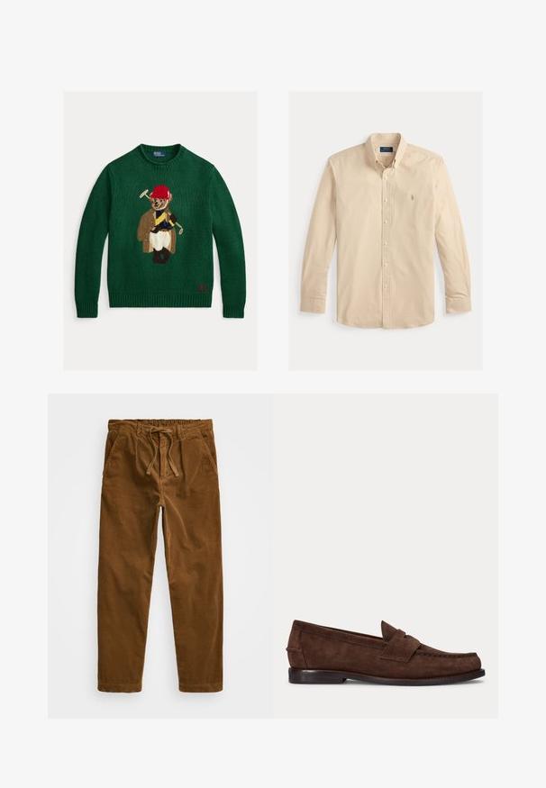 Grøn strikket trøje med et detaljeret broderet mønster af en bjørn i frakke og hat, med ribbede manchetter og kant. Rød "R.L." accent.; Langærmet beige og hvid småternet skjorte med knapper, krave og broderet Polo Ralph Lauren-logo på brystet.; Brune corduroy bukser med en elastisk talje med snøre, sidelommer og lige ben med tekstureret ribbing.; Brun ruskind penny loafer med lav hæl og synlig syning langs tåen, siden og bagpå, vist på ensartet lys baggrund.