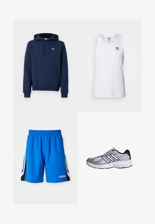 Námornícka modrá mikina s kapucňou s predným klokanie vreckom a malým bielym logom Adidas Trefoil na ľavej strane hrude.; Biely rebrovaný tielko s okrúhlym výstrihom, čiernym logom Adidas na ľavej hrudi a bez rukávov. Mäkko bavlnený materiál, voľný strih.; Modré športové šortky s elastickým pásom, čiernymi bočnými panelmi a bielymi pásikmi. Na prednej strane majú vyšívané logo.; Mriežkovaná športová obuv v bielej a striebornej farbe, s čiernymi detailmi, logom troch bielych pruhov, polstrovaným golierom a textúrovanou gumovou podrážkou.