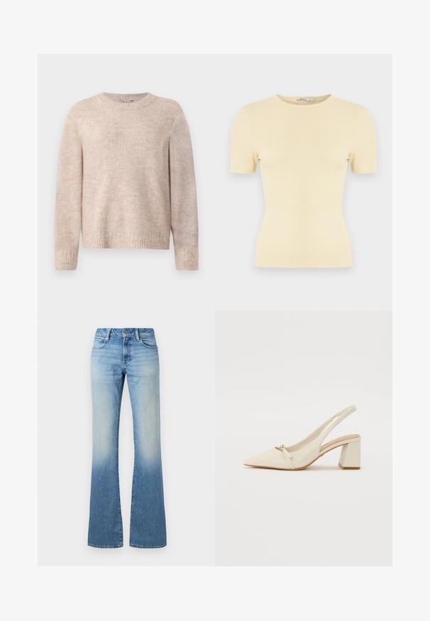Beige pullover-sviiter hapraidest tekstuuriga, ümar kaelus ja pikad varrukad. Lihtne disain, lõdva silueti ja nähtavate mustriteta.; Helekollane soonikkoes lühikeste varrukatega T-särk ümmarguse kaelusega ja vormis lõikega, millel on pehme tekstuur ja minimalistlik disain.; Heled sinised teksad kõrge vöökohaga ja laienevate jalgadega, millel on ees ja taga taskud ning nööbikinnitus.; Beige nahast sukapaelaga kingad, millel on terav nina, madal plokkkonts ja väike paelteema ees. Sile tekstuur ja minimalistlik disain.