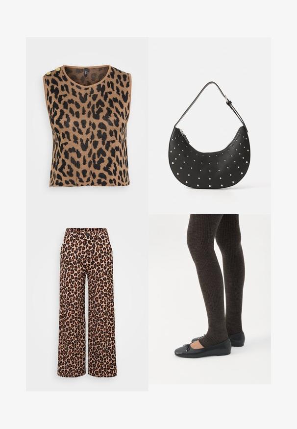 Débardeur en tricot sans manches avec un imprimé léopard marron et noir, encolure ronde, et deux accents de boutons dorés sur l'épaule.; Even&Odd Petite by Zalando P-EO-AW21-A-003-SP / PETITE_TAILORED WIDE LEG TROUSERS - Pantalon classique - brown; Jambes portant des leggings côtelés foncés associés à des ballerines noires avec de petits détails en nœud sur fond blanc.; Sac à main en cuir noir avec une forme arrondie, orné de clous en argent, doté d'une fermeture éclair et d'une seule sangle ajustable.