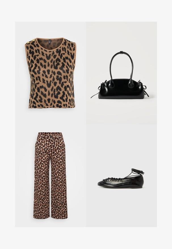 Strik uden ærmer med et brunt og sort leopardmønster, rund halsudskæring og to guldknapdetaljer på skulderen.; Even&Odd Petite P-EO-AW21-A-003-SP / PETITE_TAILORED WIDE LEG TROUSERS - Bukser - brown; Sorte balletflade sko i laklæder med rundet tå, snørelukning og flad sål. Glat tekstur med få detaljer.; Lille sort blank håndtaske med to lange håndtag og snøre-detaljer i siden på en ensfarvet lys baggrund.