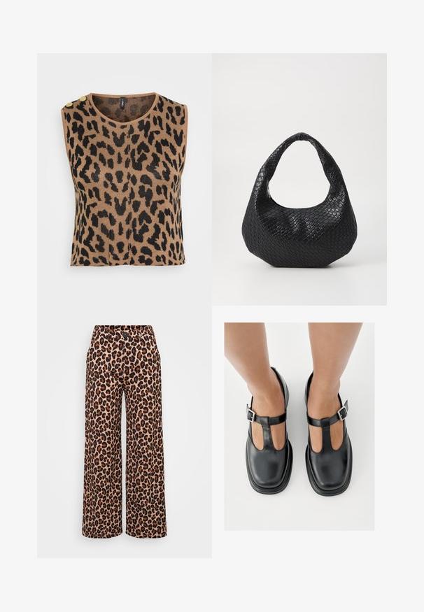 Strik uden ærmer med et brunt og sort leopardmønster, rund halsudskæring og to guldknapdetaljer på skulderen.; Even&Odd Petite by Zalando P-EO-AW21-A-003-SP / PETITE_TAILORED WIDE LEG TROUSERS - Bukser - brown; Sorte lædersko med T-rem-design, lukket tå og sølvfarvede spændeaccenter. Glat tekstur med rundet tå og flad sål.; Sort flettet håndtaske med et buet håndtag, der har en struktureret overflade og en afslappet form. Glat finish med en organisk silhuet.