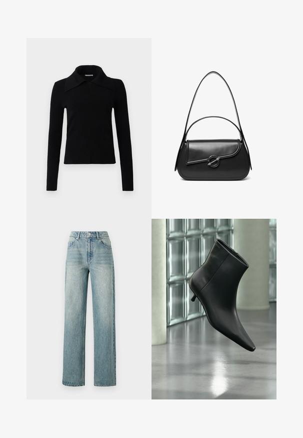 Schwarz, langärmliges Oberteil aus weichem Stoff, mit einem großen, spitzen Kragen und einer taillierten Passform. Glatte Textur mit minimalen Details.; Copenhagen Muse JEANNE PANTS - Jeans Relaxed Fit - medium dirty washed denim; Schwarzer Leder-Stiefelette mit spitzer Zehenpartie und niedrigem Kitten-Heel, schräg dargestellt vor einem polierten Boden und einer Glasbausteinwand.; Schwarze Lederschultertasche mit einer geschwungenen Klappe, die durch einen runden Metallverschluss gesichert ist, und einem schlanken, verstellbaren Riemen.