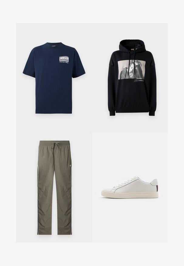 Sudadera negra de algodón con un gráfico impreso en la parte frontal. Presenta una capucha con cordón, mangas largas y puños y dobladillo acanalados.; Camiseta de algodón navy con cuello redondo. En la parte frontal presenta un gráfico blanco con el texto "Giochi Invernali" en un diseño rectangular. Manga corta.; Pantalones deportivos ligeros color verde oliva con cintura elástica, cordón ajustable, franjas blancas laterales y un pequeño logo de mariposa en el muslo derecho.; Zapatilla de cuero blanca con una textura suave, punta redonda, suela plana y cordones tonalizados. Presenta un acento de rayas coloridas en el talón.