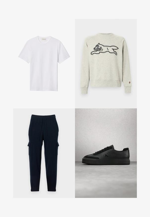 Lysegrå sweatshirt med en sort grafik af en springende kat på forsiden og en lille isvaffel-patch på venstre ærme.; Hvidt ensfarvet T-shirt med korte ærmer og rund hals, med lille præget logo på venstre bryst og mærke indeni kraven.; Marineblå joggerbukser lavet af blødt materiale, med sidelommer med cargo-design, elastisk talje med snøre og tilspidsede manchetter.; Sort lavtop sneakersko med snørebånd og præget logo, svævende over en poleret beton gulv nær en væg med glaspaneler.