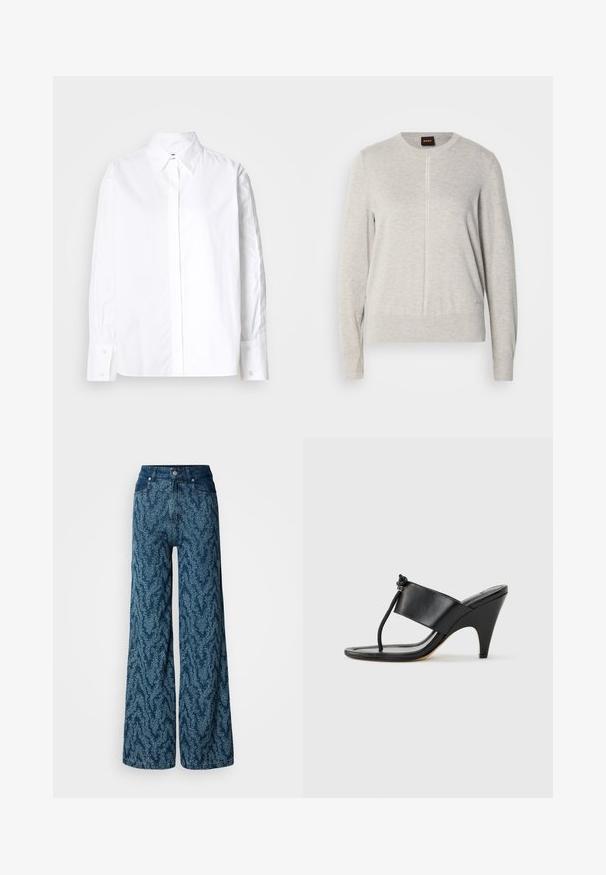 Lys grå sweater med rund halsudskæring, lange ærmer og en vertikal sømdetalje foran. Fremstillet af blødt, tekstureret stof.; Hvid skjorte med klassisk krave, lange ærmer og manchetter. Fremstillet af glat stof, den har en midt foran placket.; Vidbenede jeans med høj talje i mørkeblå denim med et lyst blåt abstrakt prikket mønster, frontknap og lommer.; Sort højhælet sandal med bred frontrem og en tåsløjfe med en knyttet snordetalje, vist i profil på hvid baggrund.