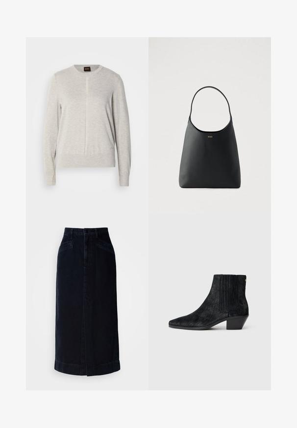 Lys grå sweater med rund halsudskæring, lange ærmer og en vertikal sømdetalje foran. Fremstillet af blødt, tekstureret stof.; Mørk denim midi nederdel med høj talje, frontknaplukning og sidelommer; har en lige skæring og en subtil kantdetalje.; Sort ankelstøvle med spidse tæer, tekstureret håragtigt materiale, ribbet sidepanel og en lav, firkantet hæl. Simpelt og moderne design.; Sort læderhåndtaske med enkelt buet håndtag, glat tekstur og et diskret logo foran. Minimalistisk design og rummeligt indre.