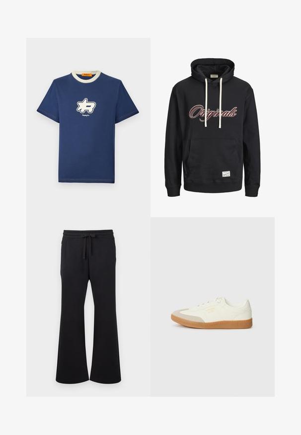 Schwarzer Hoodie mit weißen Kordeln, braunem und weißem "Originals"-Schriftzug auf der Brust, Fronttasche und Label-Patch am Saum.; Marineblaue Baumwoll-T-Shirt mit einem kontrastierenden cremefarbenen Kragen, das ein großes weißes Logo-Design auf der Brust und den Markennamen darunter zeigt.; Schwarze weite Hosen mit Kordelzugbund und seitlichen Taschen, aus weichem Stoff gefertigt.; Sneaker aus weißem Leder mit einer beigen Zehenkappe und leichter brauner Gummisohle. Verfügt über flache weiße Schnürsenkel und geprägtes Branding an der Seite.