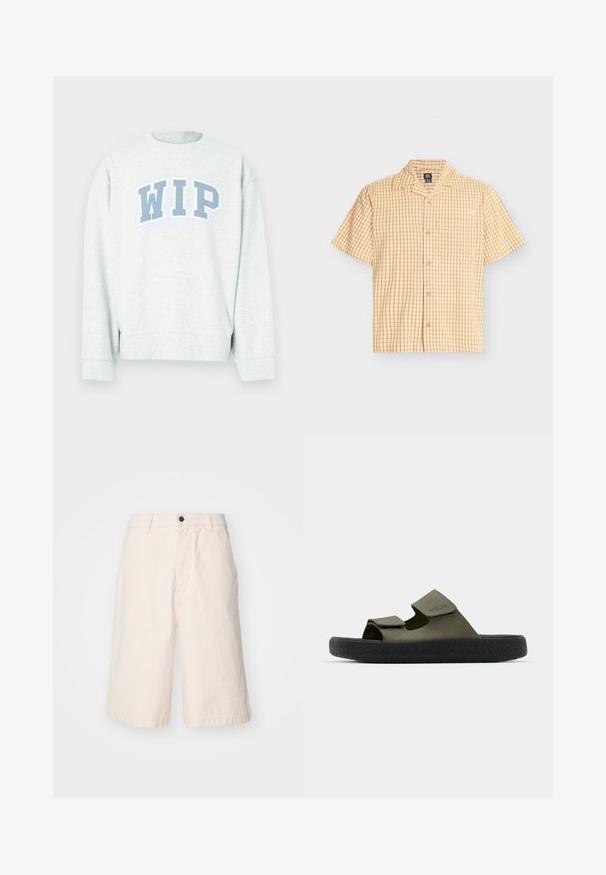 Lysegrå sweatshirt med rund hals og lange ærmer, med et blåt "WIP" trykt logo i en buet udformning hen over brystet.; Beige kortærmet skjorte med knapper og lille rødt ternet mønster samt enkelt brystlomme, lagt fladt på hvid baggrund.; Lys beige bomuldsshorts med lige pasform, der har en knaplukning, sidelommer og en kant, der falder lige over knæet.; Grønne gummisandaler med to justerbare remme og en tekstureret sort sål med et dækmønster. Brandlogo synligt på remmen.