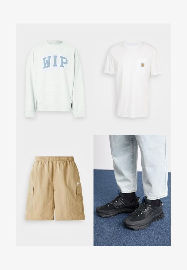 Sudadera gris clara con cuello redondo y mangas largas, con un logo azul "WIP" impreso en diseño arqueado en el pecho.; Camiseta de algodón blanca con mangas cortas, un bolsillo en el pecho y un pequeño parche cuadrado de logo en naranja y blanco en el bolsillo.; Pantalones cortos de cargo beige con cintura elástica, bolsillos delanteros y un pequeño logo de Nike en blanco. Tejido ligero con una textura arrugada.; Zapatillas deportivas negras con tejido texturizado y suelas de goma, con cordones elásticos y un acento azul en el talón. Combinadas con pantalones de mezclilla claros.
