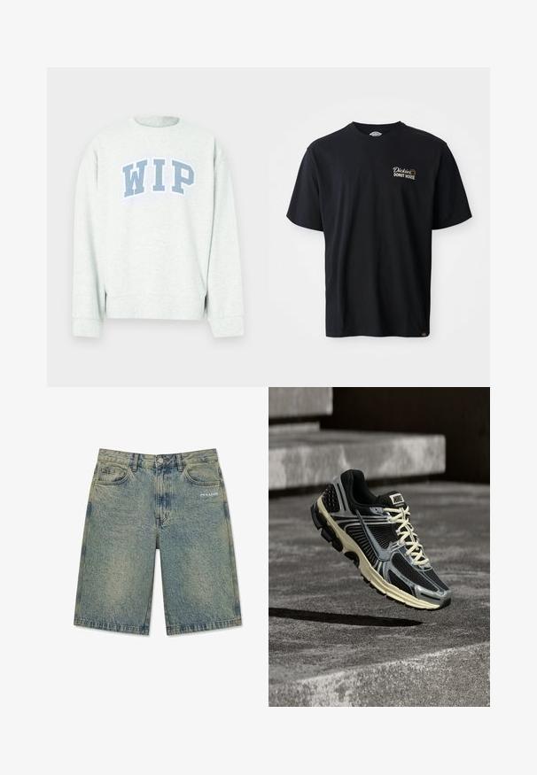 Sudadera gris clara con cuello redondo y mangas largas, con un logo azul "WIP" impreso en diseño arqueado en el pecho.; Camiseta de algodón negra con mangas cortas. Presenta un logo bordado "Dickies Donut House" en la parte izquierda del pecho. Diseño clásico de cuello redondo.; Pantalones cortos de mezclilla azul claro con un acabado desteñido, bolsillos delanteros, trabillas para cinturón, cierre de botón y logotipo "PEGADOR" en el bolsillo delantero derecho.; Zapatilla de correr Nike en negro y gris con cordones color crema flotando sobre una superficie de hormigón texturizado.