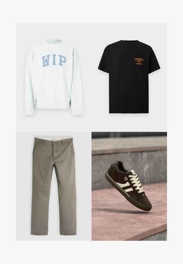 Sweat-shirt gris clair à col rond et manches longues, arborant un logo "WIP" bleu imprimé en arc de cercle sur la poitrine.; T-shirt noir à manches courtes avec petit texte marron "Carhartt WIP Coffee" sur la partie gauche de la poitrine.; Pantalon droit kaki pour homme avec poches avant, passants pour ceinture et fermeture par bouton, étalé à plat sur un fond blanc.; Chaussure de skate marron et beige avec des lacets blancs, une semelle noire et le logo Globe flottant au-dessus d'une surface en béton rose.