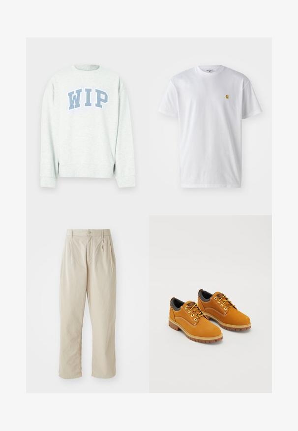 Lysegrå sweatshirt med rund hals og lange ærmer, med et blåt "WIP" trykt logo i en buet udformning hen over brystet.; Hvid bomulds t-shirt med korte ærmer, rund hals og et lille guld logo på venstre brystområde. Blød tekstur og almindelig pasform.; Beige, lette bukser med en afslappet pasform, indsyede folder foran, knaplukning og opbrettede kanter. Glat tekstur, minimalistisk design.; Brune ruskindssko med rund tå, gule snørebånd, en polstret sort krave og gummisåler med skridsikre riller.