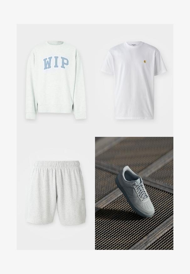 Lysegrå sweatshirt med rund hals og lange ærmer, med et blåt "WIP" trykt logo i en buet udformning hen over brystet.; Hvid bomulds t-shirt med korte ærmer, rund hals og et lille guld logo på venstre brystområde. Blød tekstur og almindelig pasform.; Grå bomuldsbukser med elastisk talje, der har en glat tekstur og sidelommer. Diskret logodetalje ved kanten.; Grå lædersneaker med perforeret tå, flade snørebånd, polstret krave og struktureret gummisål. Har en subtil brandingdetalje.