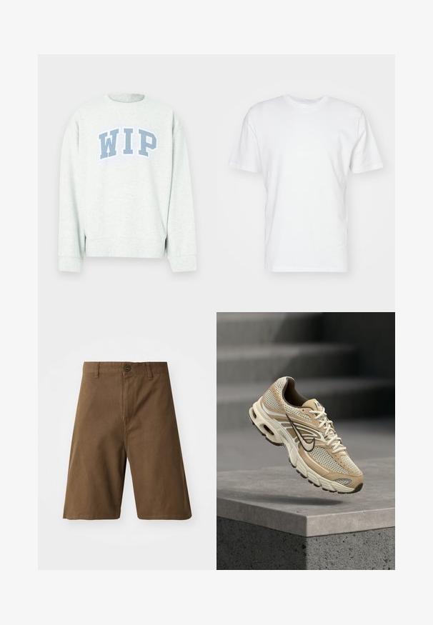 Sweat-shirt gris clair à col rond et manches longues, arborant un logo "WIP" bleu imprimé en arc de cercle sur la poitrine.; T-shirt en coton blanc à manches courtes, encolure ronde et texture lisse. Design simple sans motifs ni graphiques.; Shorts en coton marron avec une coupe droite, dotés d'une fermeture à bouton sur le devant, de passants de ceinture et de poches latérales. Texture lisse et coutures soignées.; Chaussure de running Nike beige et blanche avec panneaux en mesh et swoosh noir, flottant au-dessus d'un rebord en béton avec des escaliers flous en arrière-plan.