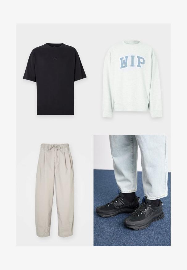 Sudadera gris clara con cuello redondo y mangas largas, con un logo azul "WIP" impreso en diseño arqueado en el pecho.; Oakley RISE TEE - Camiseta básica - blackout; Pantalones ligeros color beige con cintura elástica y cordón de ajuste. Presentan pliegues y un corte holgado, elaborados con una tela suave y lisa.; Zapatillas deportivas negras con tejido texturizado y suelas de goma, con cordones elásticos y un acento azul en el talón. Combinadas con pantalones de mezclilla claros.