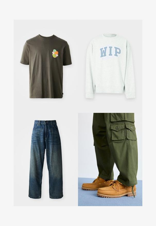 Sudadera gris clara con cuello redondo y mangas largas, con un logo azul "WIP" impreso en diseño arqueado en el pecho.; Camiseta de algodón verde oliva oscura con cuello redondo. Presenta un diseño impreso colorido de formas circulares en el área del lado izquierdo del pecho.; Jeans de mezclilla azul de pierna ancha con un acabado desgastado. Presenta cinco bolsillos, un cierre de botón y costuras en contraste. Tejido pesado.; Timberland AUTHENTIC 3 EYE - Náuticos - wheat