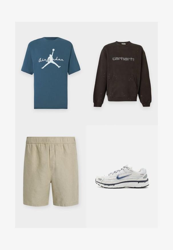Σκούφος καφέ φόρμα Carhartt με μπροστινή τσέπη και μικρές λευκές πιτσιλιές βαφής διασκορπισμένες πάνω στο ύφασμα και το λογότυπο.; Μπλε βαμβακερό μπλουζάκι με κοντά μανίκια και στρογγυλή λαιμόκοψη. Φέρει μεγάλο λευκό σχέδιο μιας φιγούρας που πηδάει και το κείμενο «Air Jordan» από κάτω.; Μπεζ λινό σορτς με ελαστική μέση, ίσια γραμμή και χωρίς ορατές τσέπες ή διακοσμήσεις.; Nike Sportswear P 6000 UNISEX - Αθλητικά παπούτσια - phantom/obsidian/summit white/white/black/metallic silver