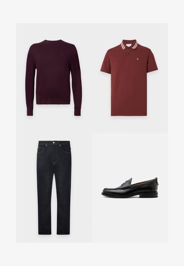 Langärmliger maroonfarbener Rundhals-Pullover mit gerippten Bündchen und kleinem gestickten Logo auf der linken Brust.; Dunkelrotes kurzärmeliges Poloshirt mit weißen Doppelstreifen am Kragen und kleinem weißem "cK"-Logo auf der linken Brust.; Dunkelblaue Denim-Jeans mit geradem Bein, ausgestattet mit fünf Taschen, kontrastierenden orangen Nähten und einem Knopfverschluss an der Taille.; Schwarzer Leder-Herrenschuh mit Mokassinnaht, Penny-Riemen, strukturiertem Kragen und niedrigem gestapeltem Absatz auf weißem Hintergrund.