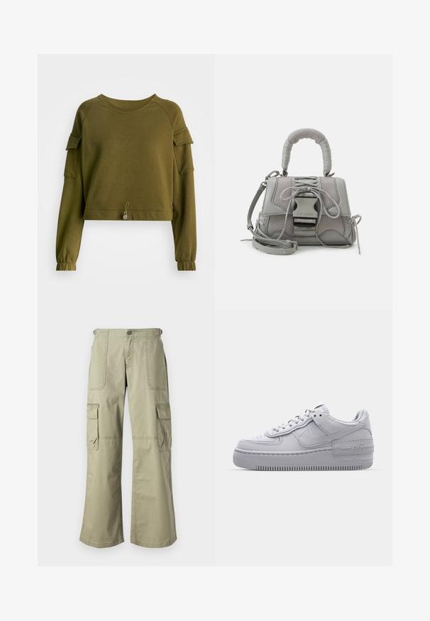 Olivroheline lühike sweatshirt pikkade varrukatega, raglankujundusega, kogutud mansettidega, õlavarre aksessuaaride ja dekoratiivse pärliga tõmblukugaäär.; Kerged kargomustriga püksid laia lõikega, kahel küljetaskul, esimesel nööbiga sulgusel ja laia säärega. Puuvillane kangas, millel on sile tekstuur.; Hallitus hallid Nike Air Force 1 sneakerid, millel on augustatud varvas, siledast nahast ülemine osa, paks tall ning reljeefne 'AIR' detail kontsapadjal.; Hallitusseened tekstuuriga hall käekott, millel on pehme käepide, võrka mustrid, reguleeritav rihm ja eesmine klamber. Kompaktne disain ümmarguse kujuga.
