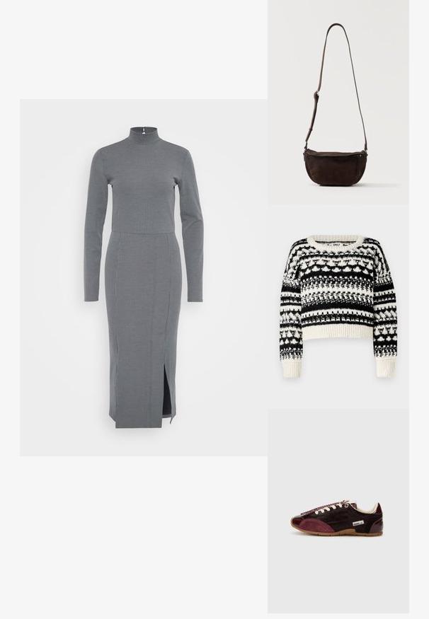 ONLY ONLALAIA LIFE O NECK - Neule - birch/black; Harmaa ribattua mekkoa, jossa on korkea kaula-aukko ja pitkät hihat, sivussa on halkio liikkumisen helpottamiseksi ja se istuu vartalonmyötäisesti.; Maroon ja burgundy värvi tossud, millel on sile patentnahast ninaosa, sametised küljed, tekstureeritud paelad ja pehmendatud kreemjas sisemus. Kummist tald.; Tummanruskea mokkanahkainen olkalaukku, jossa on säädettävä hihna ja etutaskussa vetoketju, seisoo yksinkertaisen vaalean taustan edessä.