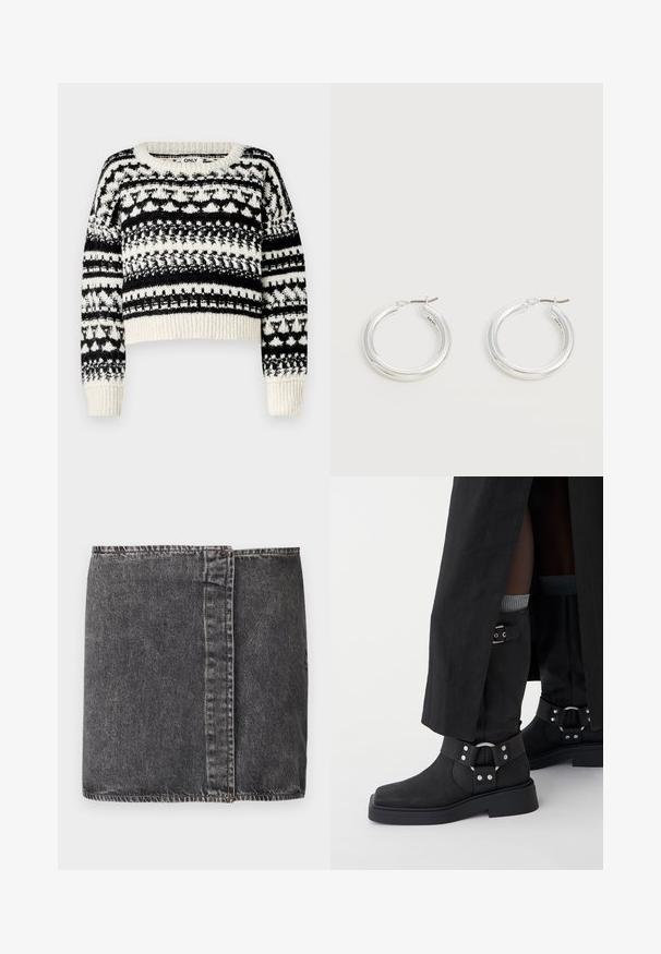 ONLY ONLALAIA LIFE O NECK - Džemper - birch/black; Tumehall denim seelik sirge lõikega, nähtava õmblusega külgseamidel ja toore servaga allääres.; Mustadest nahast mustad pahkluu saapad, millel on mati viimistluse, ruudukujuline varvas ja dekoratiivsed pannal. Tallad on suuremad ja tekstureeritud.; Keskmise suurusega läikivad hõbedased rõngakujulised kõrvarõngad õhukeste metallist kinnitustega heledal neutraalsel taustal.