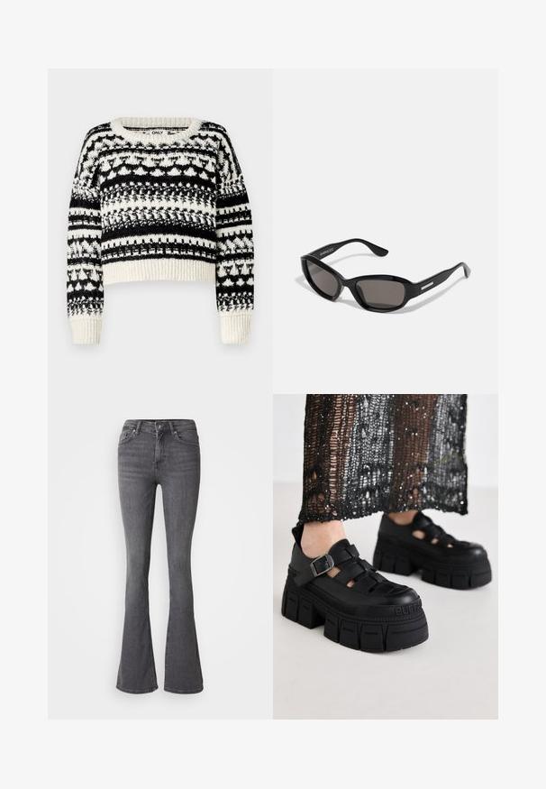 ONLY ONLALAIA LIFE O NECK - Striktrøje - birch/black; Grå flagrende jeans med høj talje, knaplukning, fem lommer og subtile stikninger. Fremstillet af denim med en glat tekstur.; Sorte platform sandaler med et chunky design, der har brede stropper og en sidelås. Fremstillet af tekstureret gummi med et logodetalje.; Sorte solbriller med rektangulært stel, mørke linser, glat plastmateriale og en metalaccent på templet.