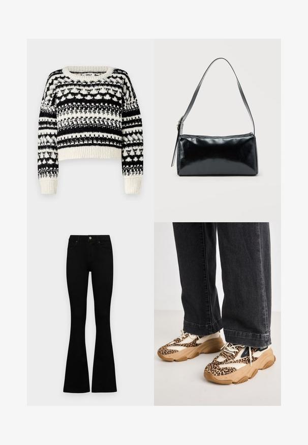 ONLY ONLALAIA LIFE O NECK - Striktrøje - birch/black; Sorte højtaljede jeans med knap- og lynlåslukning, forlommer og flagrende ben, lagt fladt på en hvid baggrund.; Sneakers med leopardprint og mesh- og læderpaneler, tan-gummisål og kontrasterende sorte accenter. Båret med løstsiddende mørke jeans.; Sort rektangulær skuldertaske med en enkelt justerbar rem og lynlås i toppen på en ensfarvet baggrund.