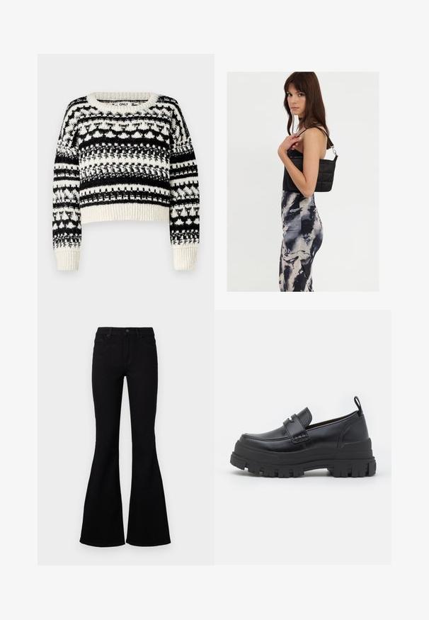 ONLY ONLALAIA LIFE O NECK - Svetrík - birch/black; Čierne rozšírené džínsy s vysokým pásom, vyrobené z denimu. Obsahujú päť vreciek a klasické zapínanie na gombík; hladká textúra a priliehavý dizajn.; Čierny kožený mokasín s hrubou ryhovanou podrážkou, švy typu mok toe, detail popruhu na vrchu a pruh na päte, zobrazený z profilu.; Čierna prešívaná kabelka na rameno s jedným popruhom a striebornými detailmi, skombinovaná s priliehavými šatami s batikovaným vzorom v odtieňoch čiernej a smotanovej.
