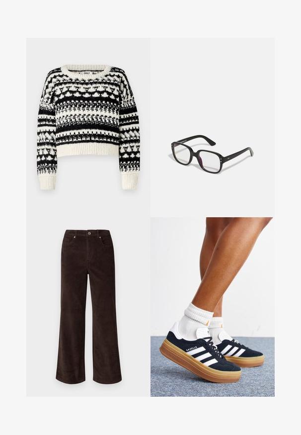 ONLY ONLALAIA LIFE O NECK - Pullover - birch/black; Vero Moda Petite VMTESSA PANTS - Pantalon classique - chocolate torte; Jambes portant des chaussettes blanches et des baskets Adidas Gazelle noires avec des bandes blanches et des semelles épaisses marron sur un sol recouvert de moquette grise.; Lunettes noires rectangulaires avec des verres transparents, présentant des bords arrondis et des accents sur les côtés, avec une finition brillante sur la monture et les branches.