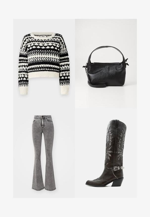 ONLY ONLALAIA LIFE O NECK - Striktrøje - birch/black; Højtaljede flared jeans i en falmet grå denim med slidte detaljer, med knaplukning og fem-lomme design.; Sort læder cowboystøvle med dekorative udskæringer, sølvspænde og skrå hæl, vist på hvid baggrund.; Sort læderhåndtaske med et struktureret design, rund tophåndtag og aftagelig skulderrem. Den har en glat tekstur og en subtil glans.