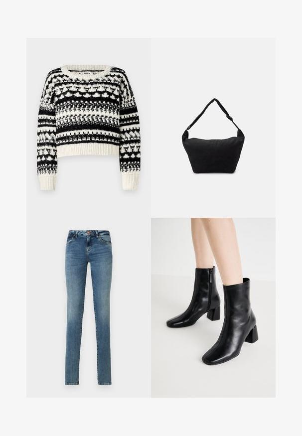 ONLY ONLALAIA LIFE O NECK - Džemper - birch/black; Kitsad teksapüksid helesinisest denimist, millel on nööbiga sulgur, viis taskut, kerge kulumine ja klassikaline disain.; ONLY SHOES ONLBRIELLE - Poolsaapad - black; Must mustriga mustriga kott musta kangast, pehme tekstuuriga pinnaga, ümar kuju ja ühe rihmaga. Minimalistlik disain, ilma nähtava riistvara või aktsentideta.
