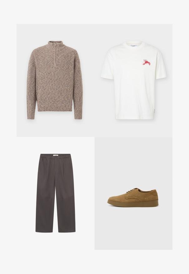 Bruine geribbelde pullover trui met lange mouwen en een hoge kraag met een halve rits, gepresenteerd tegen een effen achtergrond.; Wit T-shirt met korte mouwen met een kleine rode kreeftafbeelding en een "Marc O’Polo Denim" label aan de binnenkant van de kraag.; Grijze, wijde broek van soepel stof, met een knoopsluiting en twee zijzakken. Eenvoudig, strak ontwerp zonder zichtbare patronen.; Bruine suède veterschoen voor vrijetijdskleding met een platte rubberen zool, zijaanzicht tegen een eenvoudige lichte achtergrond.