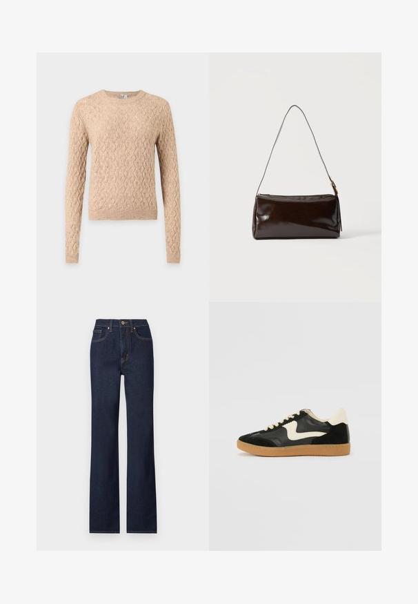 Beige kabelgebreide trui met lange mouwen, ronde halslijn en geribde boorden en zoom, getoond op een grijze achtergrond.; Donkerblauwe denim jeans met een rechte pijp, voorzien van een knoopsluiting aan de voorkant, vijf zakken en contrasterende stikdetails.; Zwarte suède en leren sneaker met een crèmekleurige zij-swoosh en lichte crèmekleurige hiel. Voorzien van beige veters en een gumrubberen zool.; Donkerbruine rechthoekige leren schoudertas met een enkele dunne band en goudkleurige gesp op een effen achtergrond.
