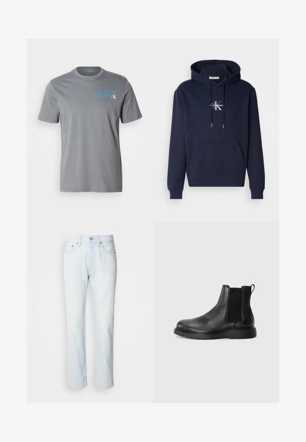 Donkerblauwe hoodie met een voorzak, een capuchon met trekkoord en een witte Calvin Klein-logo. Gemaakt van zachte stof met ribgebreide manchetten en onderkant.; Grijze katoenen t-shirt met een ronde hals, korte mouwen, met daarop blauwe "CALVIN KLEIN" tekst gedrukt aan de linkerkant. Soepele textuur.; Lichtblauwe denim jeans met een rechte pijp. Voorzien van een knoopsluiting en riemlussen, met een vervaagde textuur en minimale stiksels.; Zwarte leren Chelsea boots met een gestructureerde afwerking, elastische zijpanelen en een stevige rubberen zool. Subtiele branding op de hiel.