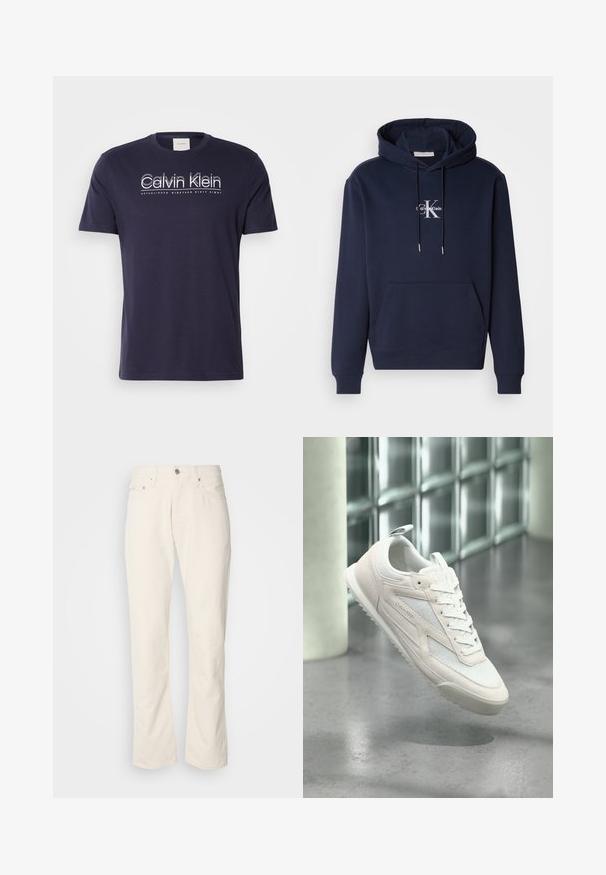 Námornícky modrá mikina s kapucňou, predným vreckom a bielym logom Calvin Klein. Vyrobená z mäkkej tkaniny s rebrovanými manžetami a spodným lemom.; Námornícky bavlnený tričko s krátkymi rukávmi, okrúhlym výstrihom a bielym logom Calvin Klein s nápisom "ZALOŽENÉ DEVÄTNÁSTEHO ROKU ŠESŤDESIAT OSM" pod ním.; Béžové bavlnené džínsy s klasickým strihom rovného nohu, so zapínaním na prednom tlačidle, piatimi vreckami a jemnými detailmi v šití.; Biela teniska Calvin Klein s detailmi z sieťoviny a semišu, šnúrky zaviazané, vznášajúca sa nad lesklou sivou podlahou pri stene zo sklenných kvádrov.