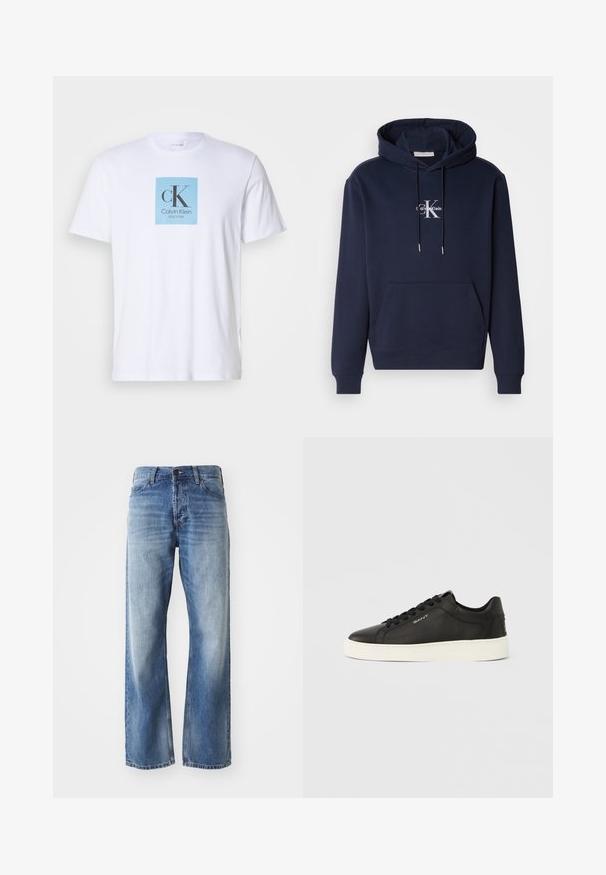 Navyblaues Hoodie mit einer Fronttasche, Kapuze mit Kordelzug und weißem Calvin Klein Logo. Hergestellt aus weichem Stoff mit gerippten Bündchen und Saum.; Weißes T-Shirt mit kurzen Ärmeln und einem hellblauen Quadrat auf der Brust, das das Textlogo "cK Calvin Klein New York" zeigt.; Blaue Jeans mit geradem Bein aus Denim, mit leichtem Verblassen an den Oberschenkeln und Knien, ausgestattet mit fünf Taschen und einem Knopfverschluss.; Schwarze Ledersneaker mit weißer Gummisohle, flachen Schnürsenkeln und seitlichem Markenlogo. Glatte Textur und abgerundetes Zehendesign.