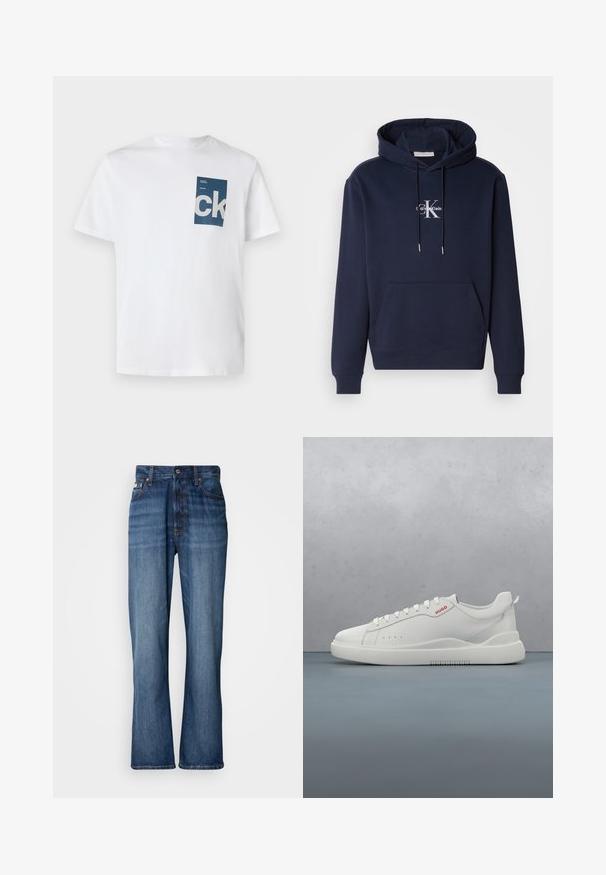 Navyblaues Hoodie mit einer Fronttasche, Kapuze mit Kordelzug und weißem Calvin Klein Logo. Hergestellt aus weichem Stoff mit gerippten Bündchen und Saum.; Weißes Baumwoll-T-Shirt mit einer blauen rechteckigen Tasche, die mit dem weißen 'ck'-Logo und Textdetails verziert ist. Kurze Ärmel, Rundhalsausschnitt, normale Passform.; Blaue Jeans aus Denim mit hoher Taille, ausgestellten Beinen, Fünf-Pocket-Design und tonalem Nähen. Mit Knopfverschluss und genieteten Taschen.; Weiße Sneaker aus glattem Leder, runde Spitze, vier Ösen, dezente Perforationen und ein rotes Logodetail an der Seite.