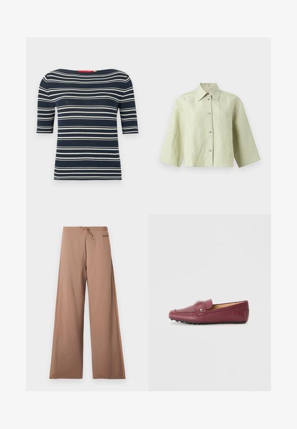 Donkerblauw kortarmgebreid shirt met witte horizontale strepen en een brede boothals.; Lichtgroen cropped shirt met brede mouwen, puntige kraag en een voorste knoopsluiting met vijf knopen.; Bruine broek met brede pijpen, elastische tailleband, trekkoord en een klein logoplaatje aan de rechterkant bij de taille.; Bordeaux leren instappers met een ronde neus, decoratieve band, zilverkleurige hardware en een gestructureerde rubberen zool voor grip.