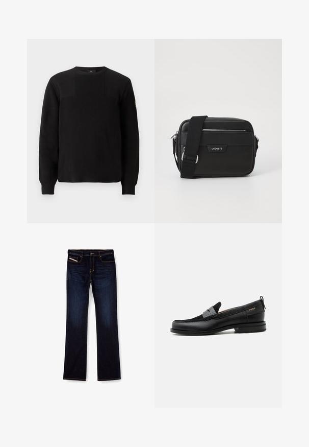 Pull noir en tricot avec une texture côtelée, col rond et manches longues. Présente un design à panneaux subtil et un petit logo sur la manche.; Jean en denim bleu foncé avec une coupe droite, présentant des coutures orange, une fermeture éclair et des poches avant. Texture lisse et taille standard.; Mocassin en cuir noir avec détail de bride grise, talon bas et semelle texturée, marqué "HUGO" en or sur le côté.; Sac messenger noir en matériau synthétique texturé, quincaillerie argentée, bandoulière réglable, avec plaque logo à l'avant et fermeture éclair.