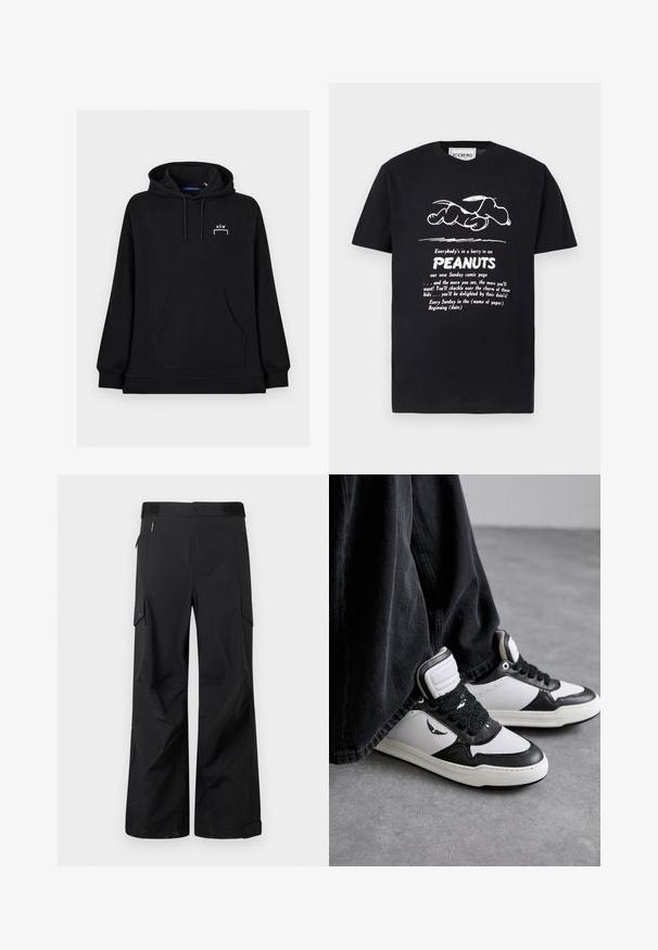 Sort hættetrøje med forlommekangurulomme og lille hvid "A-CW"-logo på venstre bryst.; Sort T-shirt med hvid skitse af Snoopy, der ligger ned, og tekst, der promoverer en ny Peanuts-søndagstegneserieside.; Sorte cargo-bukser lavet af et glat, vandafvisende stof. Har brede ben, flere sidelommer og en flad talje med diskret branding.; Sorte og hvide højtop sneakers med en struktureret sort snøredetalje, lavet af læder og syntetisk materiale, med et logo på siden.
