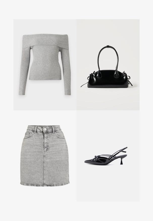 Grå ribbet sweater med off-the-shoulder design, lange ærmer og en tætsiddende silhuet. Fremstillet af struktureret strikstof.; Grå denimnederdel med høj talje, frontknaplukning og to sidelommer. Har en rippet kant og en subtil stone-washed tekstur.; Sort laklæder slingback-pumpe med spids tå, lav kittenhæl og dekorativ knyttet sløjfedetalje foran.; Lille sort blank håndtaske med to lange håndtag og snøre-detaljer i siden på en ensfarvet lys baggrund.