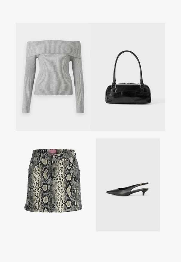 Grauer gerippter Pullover mit schulterfreiem Design, langen Ärmeln und taillierter Silhouette. Hergestellt aus strukturiertem Strickstoff.; Schwarzer, beiger und weißer Minirock in A-Linie mit Kunst-Schlangenhautmuster, vorderen Taschen und einem taillierten Bund mit Knöpfen.; Schwarzer Slingback-Schuh mit spitzem Zehenbereich aus glattem Leder. Mit einem dünnen Absatz und einer dekorativen Schnalle am verstellbaren Riemen.; Schwarze Lederhandtasche in rechteckiger Form, mit einem stabilen Griff, silbernem Zubehör und Reißverschluss. Glatte Textur.