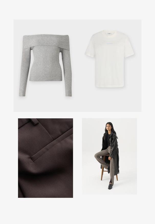 Grauer gerippter Pullover mit schulterfreiem Design, langen Ärmeln und taillierter Silhouette. Hergestellt aus strukturiertem Strickstoff.; Weißes T-Shirt mit kurzen Ärmeln und Rundhalsausschnitt, in der Mitte der Brust befindet sich kleiner hellblauer Text "marcopeddenim", einfarbiger Hintergrund.; Brauner Stoff mit einer glatten, strukturierten Oberfläche und feinen Rippungen. Beinhaltet eine dezente Tasche mit einem sauberen Stichabschluss.; Schwarzer Leder-Trenchcoat mit Knöpfen und Gürtel-Detail, kombiniert mit hellbraunen, taillierten Hosen und schwarzen Slippern, sitzt auf einem Holzschemel.