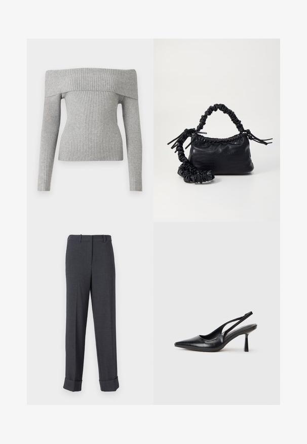 Suéter gris de canalé con diseño off-the-shoulder, mangas largas y silueta ajustada. Fabricado en tejido de punto texturizado.; Pantalones grises ajustados hechos de un tejido texturizado, con pierna recta, trabillas para cinturón y dobladillos enrollados para una apariencia estructurada.; Zapato de tacón alto negro de cuero con puntera afilada y tacón delgado sobre un fondo blanco.; Bolso de mano de imitación cuero negro con textura de cocodrilo, parte superior fruncida y correa arrugada. Presenta un diseño suave y compacto.